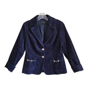 TALBOTS Women 2 Corduroy Blazer Jacket Navy Gold Horsebit Accents 2 Buttons 32"